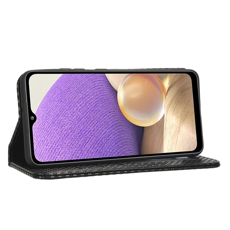 Per Samsung Galaxy A32 4G (versione Ue) Griglia Copertura Completa Copertina in Pelle PU Case Magnetico Auto-abborsorbed Phone Wallet Cover - Nero