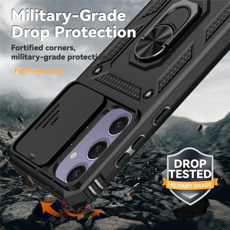 For Samsung Galaxy S24 FE Case PC + TPU Phone Cover Lens Ultimate Protection Kickstand - Black