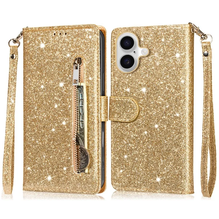 For iPhone 16 Stand Case Glitter Phone Leather Cover Zipper Pocket - Gold