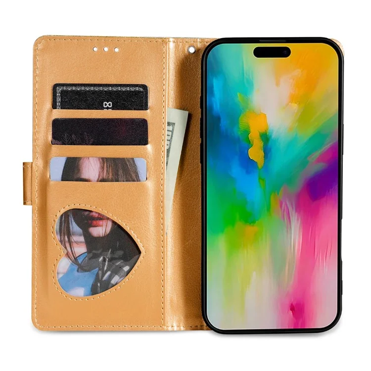 For iPhone 16 Stand Case Glitter Phone Leather Cover Zipper Pocket - Gold