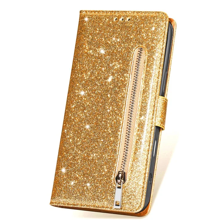 For iPhone 16 Stand Case Glitter Phone Leather Cover Zipper Pocket - Gold