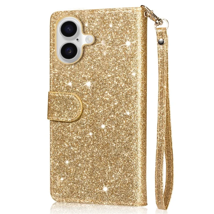 For iPhone 16 Stand Case Glitter Phone Leather Cover Zipper Pocket - Gold