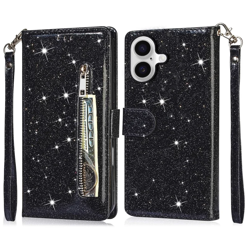 Pour Iphone 16 Plus Casse de Support Paillette de Téléphone à Couverture en Cuir à Glissière - Noir