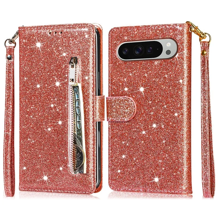 Für Google Pixel 9 Pro / Pixel 9 Stand Hülle Glitter Telefon Leder Cover Reißverschluss Tasche - Roségold