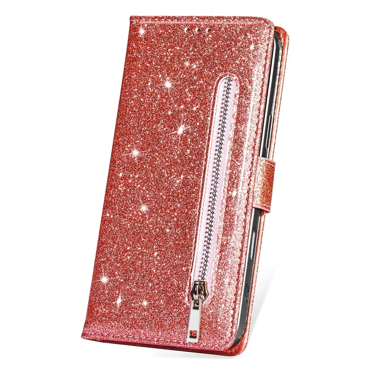 Für Google Pixel 9 Pro / Pixel 9 Stand Hülle Glitter Telefon Leder Cover Reißverschluss Tasche - Roségold