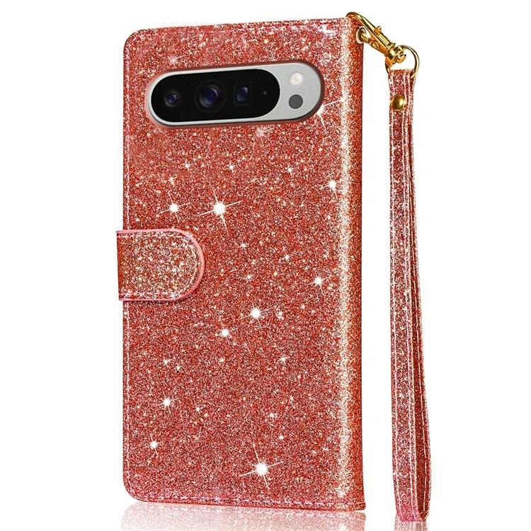 Für Google Pixel 9 Pro / Pixel 9 Stand Hülle Glitter Telefon Leder Cover Reißverschluss Tasche - Roségold