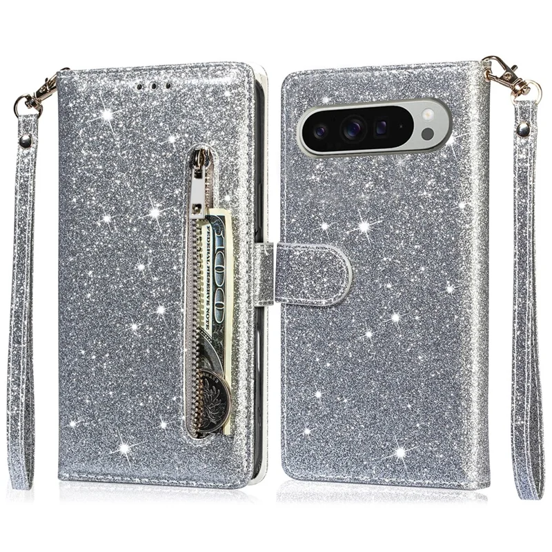 For Google Pixel 9 Pro  /  Pixel 9 Stand Case Glitter Phone Leather Cover Zipper Pocket - Grey