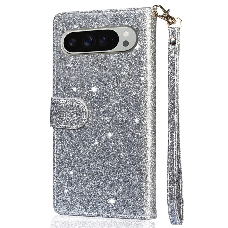 For Google Pixel 9 Pro  /  Pixel 9 Stand Case Glitter Phone Leather Cover Zipper Pocket - Grey