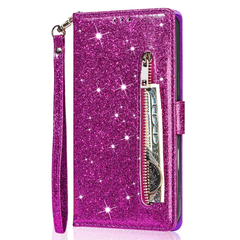 For Google Pixel 9 Pro XL Stand Case Glitter Phone Leather Cover Zipper Pocket - Purple