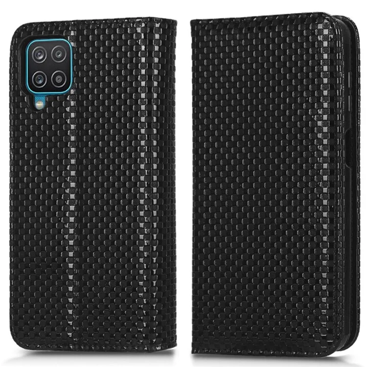 For Samsung Galaxy A12 / M12 PU Leather Stand Case, Grid Texture Magnetic Auto-absorbed Cell Phone Wallet Cover - Black