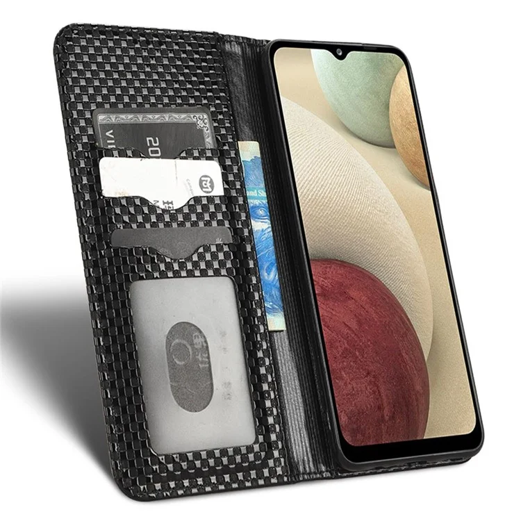 For Samsung Galaxy A12 / M12 PU Leather Stand Case, Grid Texture Magnetic Auto-absorbed Cell Phone Wallet Cover - Black