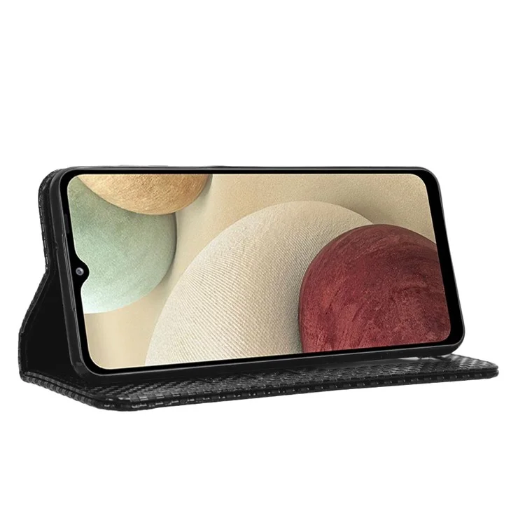 For Samsung Galaxy A12 / M12 PU Leather Stand Case, Grid Texture Magnetic Auto-absorbed Cell Phone Wallet Cover - Black