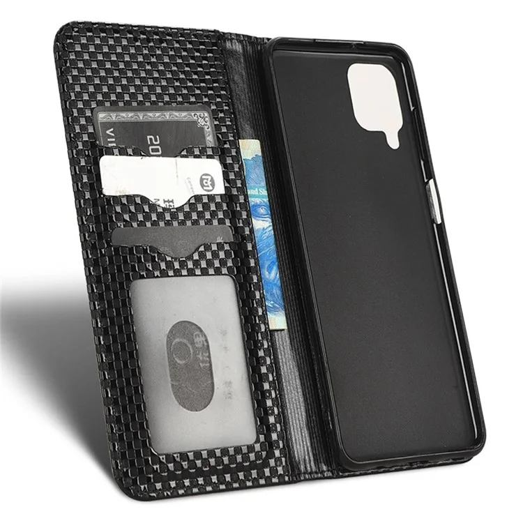 For Samsung Galaxy A12 / M12 PU Leather Stand Case, Grid Texture Magnetic Auto-absorbed Cell Phone Wallet Cover - Black