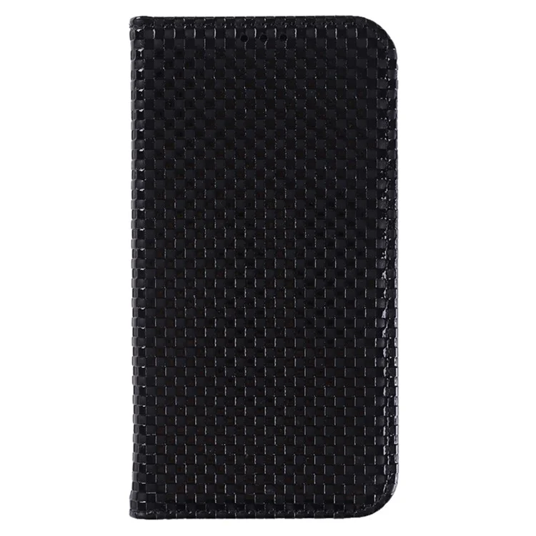 For Samsung Galaxy A12 / M12 PU Leather Stand Case, Grid Texture Magnetic Auto-absorbed Cell Phone Wallet Cover - Black