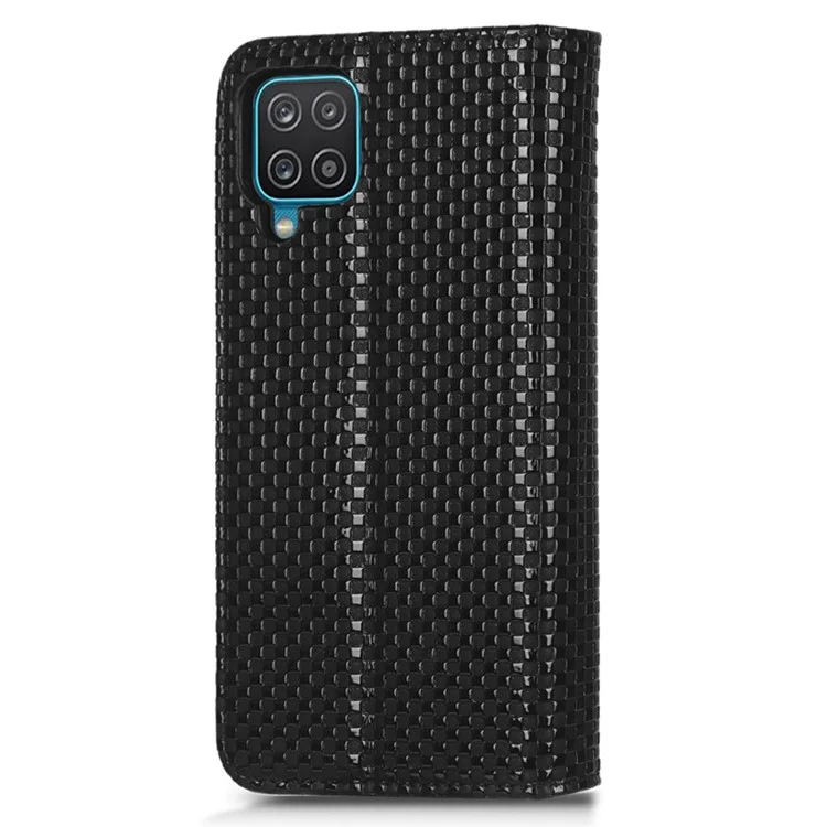For Samsung Galaxy A12 / M12 PU Leather Stand Case, Grid Texture Magnetic Auto-absorbed Cell Phone Wallet Cover - Black