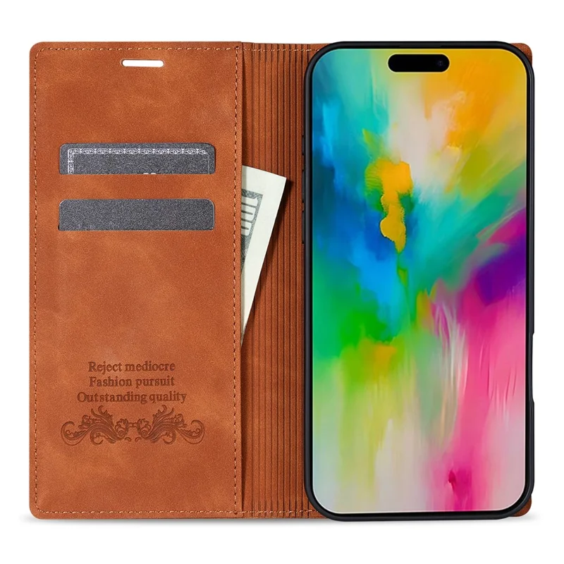 For iPhone 16 Wallet Case Magnetic Closing Leather Phone Cover - Brown
