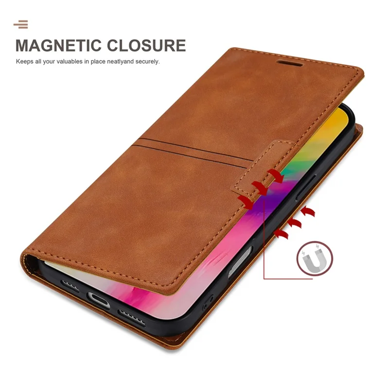 For iPhone 16 Wallet Case Magnetic Closing Leather Phone Cover - Brown