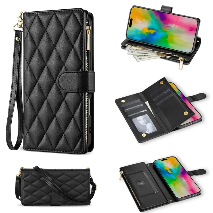 Для Iphone 16 Pro Case Rombus Stitching Leather Wallet Cover с Длинным / Короткий Ремень - Черный
