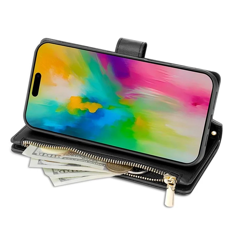 Для Iphone 16 Pro Case Rombus Stitching Leather Wallet Cover с Длинным / Короткий Ремень - Черный
