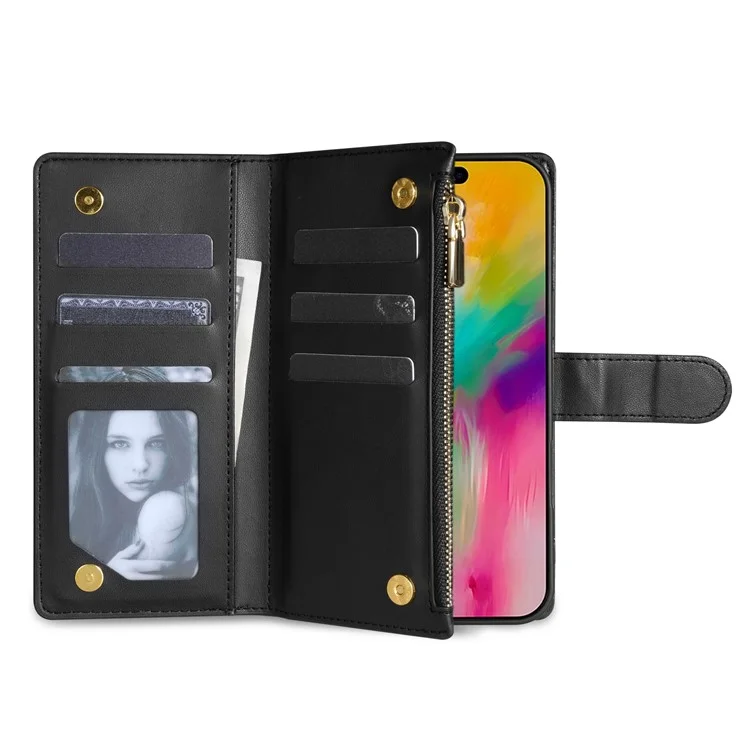 Для Iphone 16 Pro Case Rombus Stitching Leather Wallet Cover с Длинным / Короткий Ремень - Черный