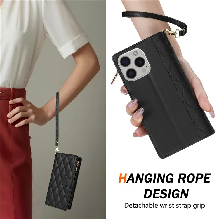 Для Iphone 16 Pro Case Rombus Stitching Leather Wallet Cover с Длинным / Короткий Ремень - Черный
