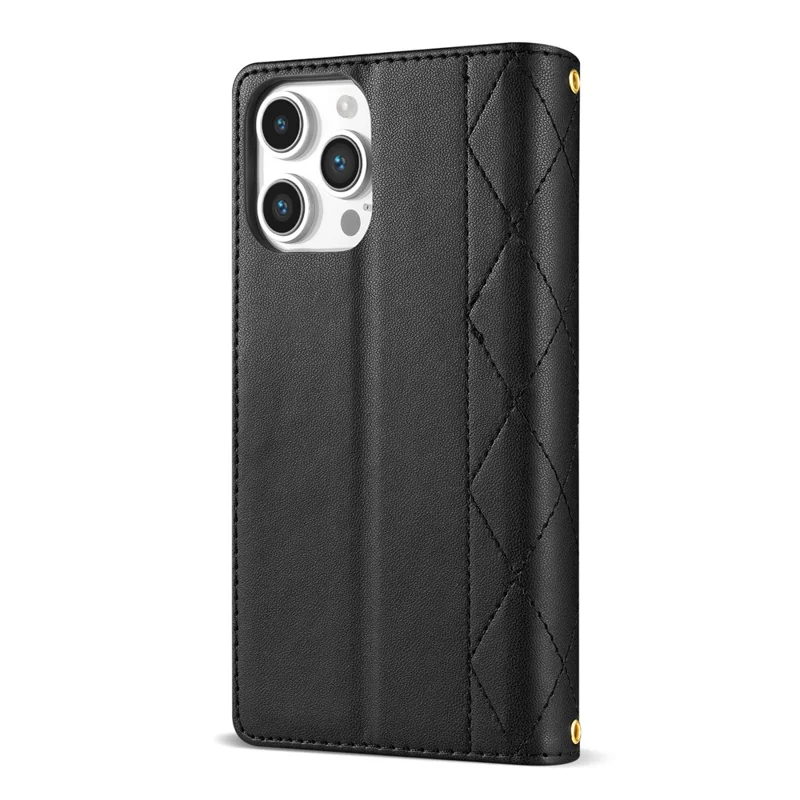 Для Iphone 16 Pro Case Rombus Stitching Leather Wallet Cover с Длинным / Короткий Ремень - Черный