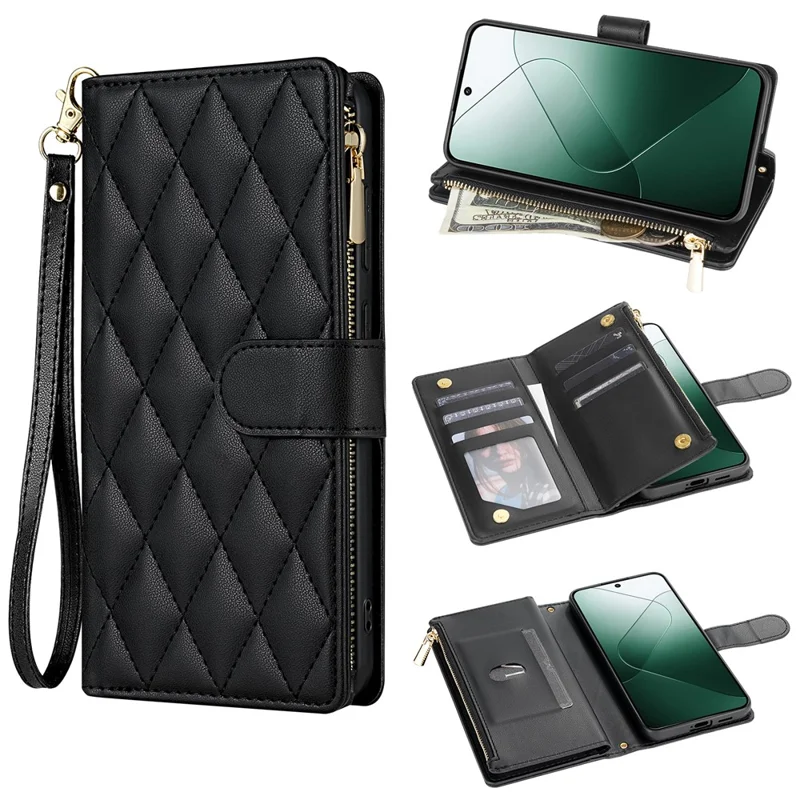Pour Google Pixel 9 Pro XL Case de Pixels Rhombus Couvre de Téléphone en Cuir Avec Long / Bracelet - Noir
