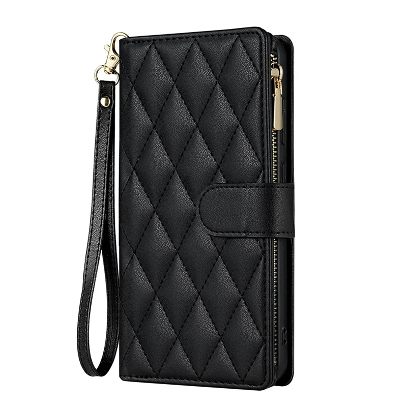 Pour Google Pixel 9 Pro XL Case de Pixels Rhombus Couvre de Téléphone en Cuir Avec Long / Bracelet - Noir