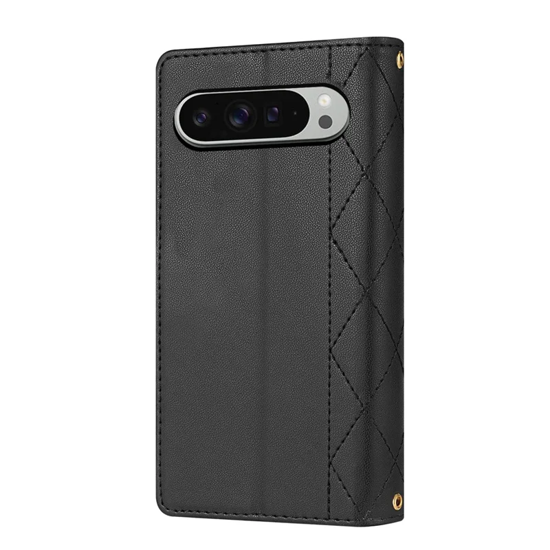 Pour Google Pixel 9 Pro XL Case de Pixels Rhombus Couvre de Téléphone en Cuir Avec Long / Bracelet - Noir