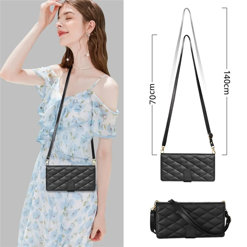 Pour Google Pixel 9 Pro XL Case de Pixels Rhombus Couvre de Téléphone en Cuir Avec Long / Bracelet - Noir