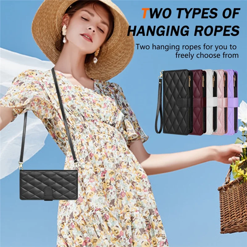 Pour Google Pixel 9 Pro XL Case de Pixels Rhombus Couvre de Téléphone en Cuir Avec Long / Bracelet - Noir