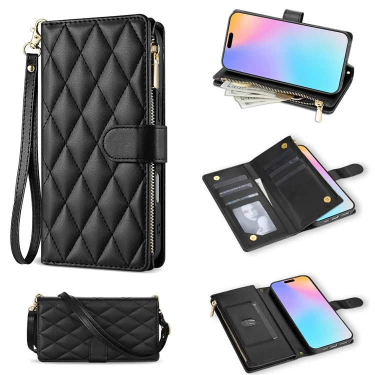 Для Iphone 16 Case Rombus Stitching Leather Wallet Cover с Длинным / Короткий Ремень - Черный