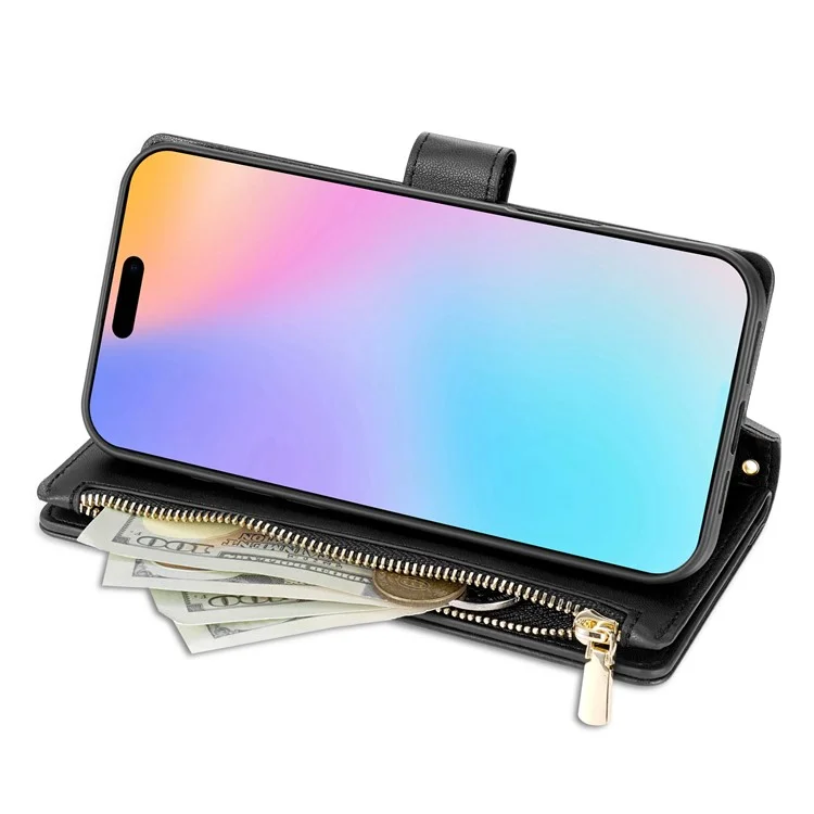 Для Iphone 16 Case Rombus Stitching Leather Wallet Cover с Длинным / Короткий Ремень - Черный