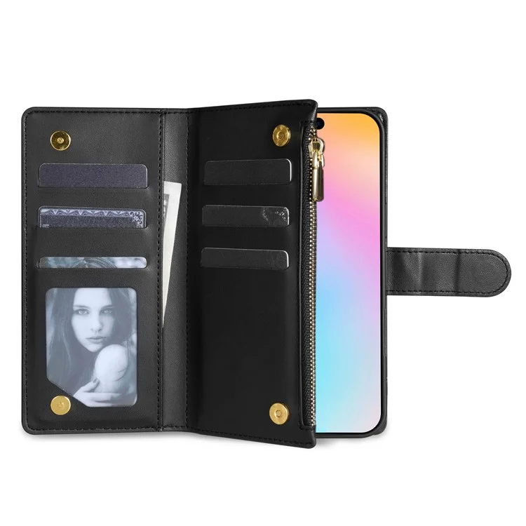 Для Iphone 16 Case Rombus Stitching Leather Wallet Cover с Длинным / Короткий Ремень - Черный