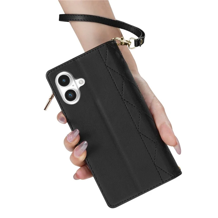 Для Iphone 16 Case Rombus Stitching Leather Wallet Cover с Длинным / Короткий Ремень - Черный