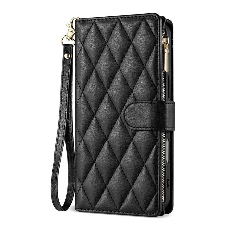 Для Iphone 16 Case Rombus Stitching Leather Wallet Cover с Длинным / Короткий Ремень - Черный