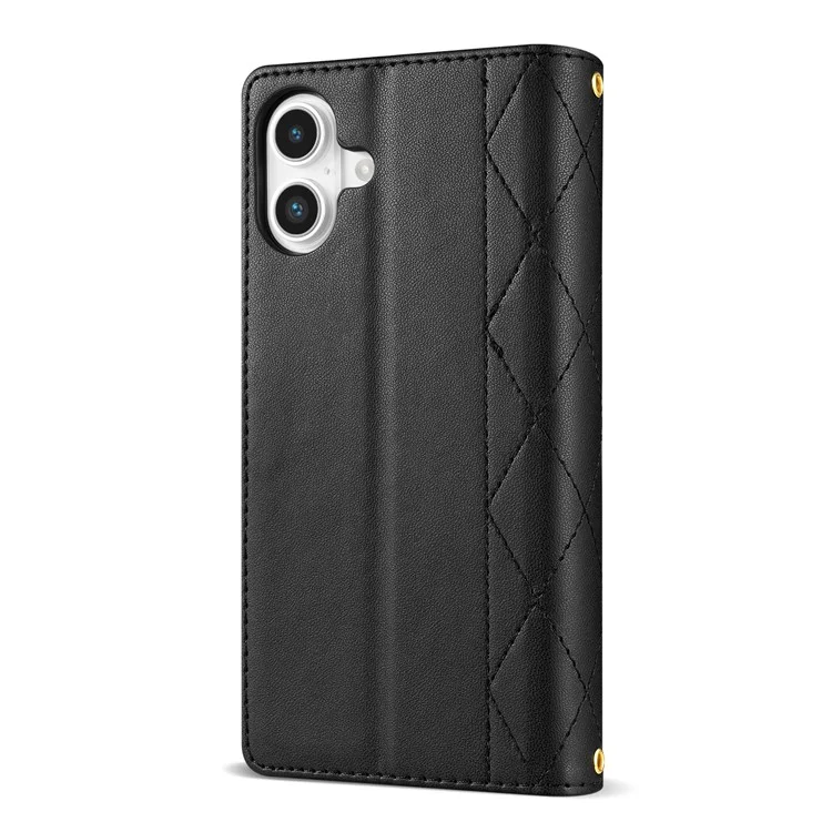 Для Iphone 16 Case Rombus Stitching Leather Wallet Cover с Длинным / Короткий Ремень - Черный