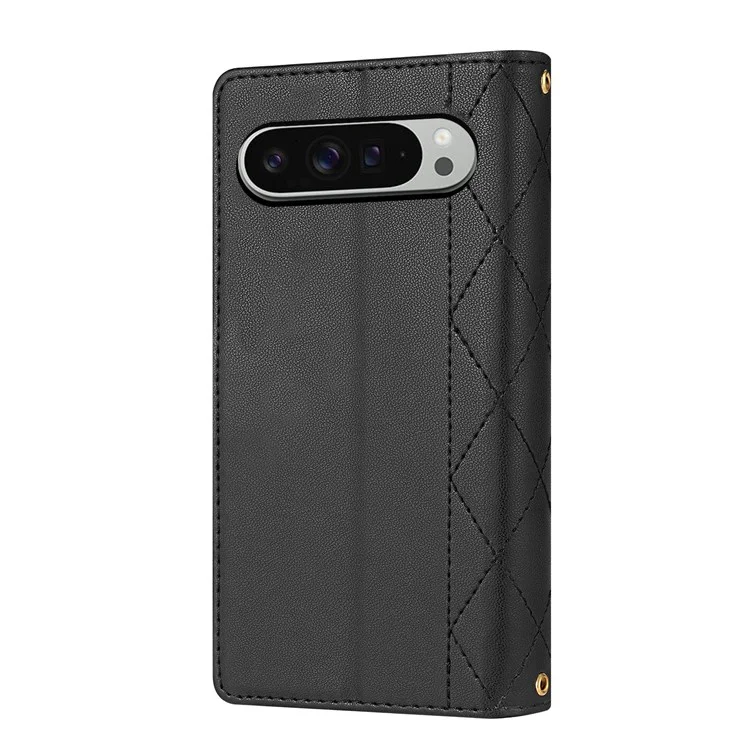 Pour Google Pixel 9 Pro / Pixel 9 Boîtier Rhombus Couture de Portefeuille de Portefeuille en Cuir Avec Long / Bracelet - Noir