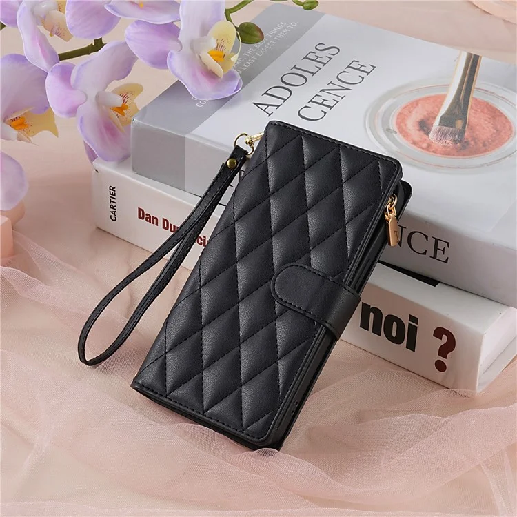 Pour Google Pixel 9 Pro / Pixel 9 Boîtier Rhombus Couture de Portefeuille de Portefeuille en Cuir Avec Long / Bracelet - Noir