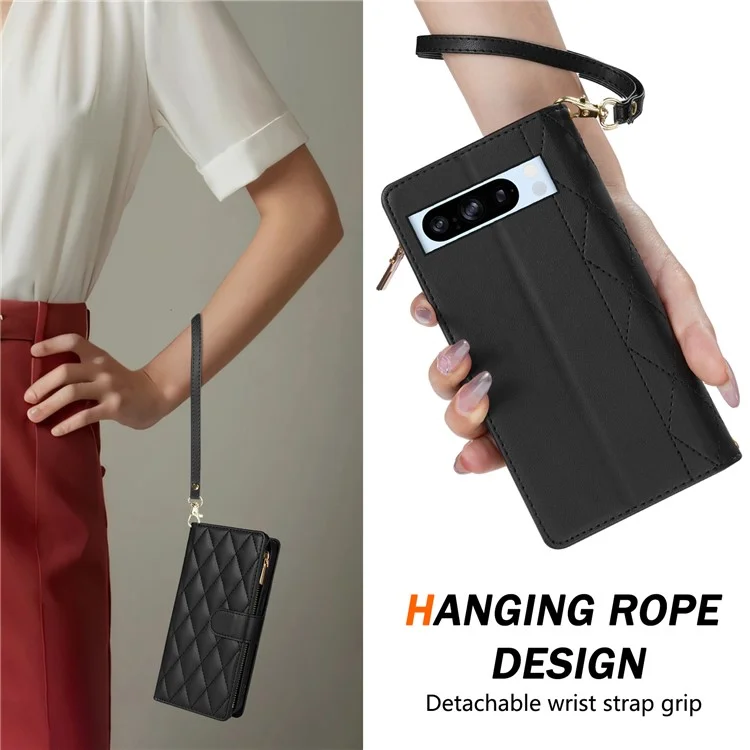 Pour Google Pixel 9 Pro / Pixel 9 Boîtier Rhombus Couture de Portefeuille de Portefeuille en Cuir Avec Long / Bracelet - Noir