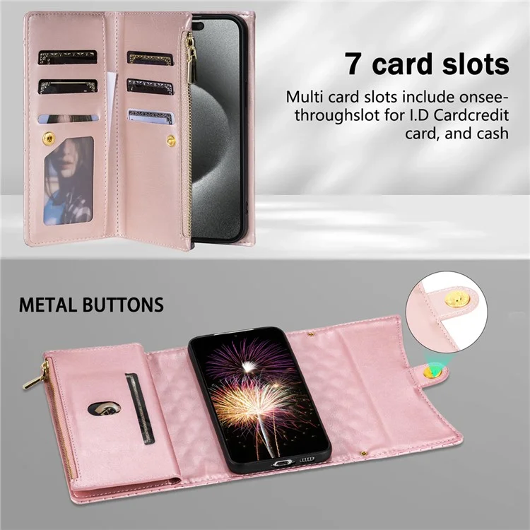 BKS-002 Para Google Pixel 9 / 9 Pro Wallet Case PU Puel de Cuero Cubierta de Teléfono Con Correa Para el Hombro - Oro Rosa