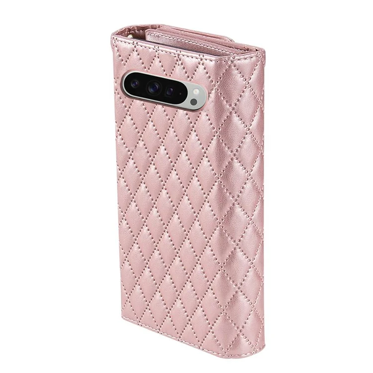 BKS-002 Para Google Pixel 9 / 9 Pro Wallet Case PU Puel de Cuero Cubierta de Teléfono Con Correa Para el Hombro - Oro Rosa