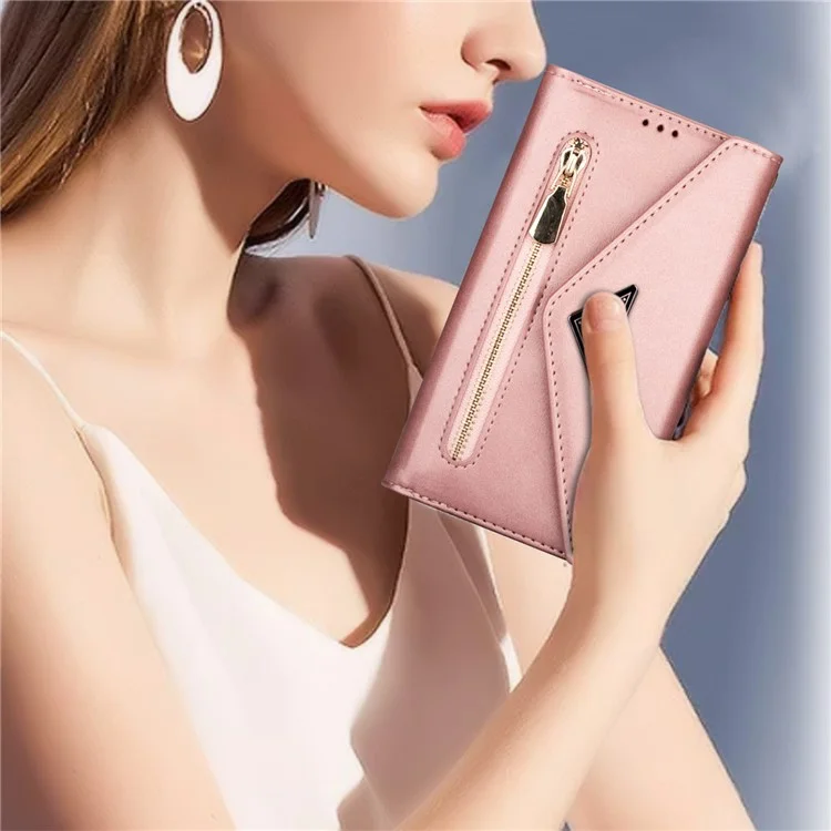 N.BEKUS For iPhone 16 Cases Skin-Touch Leather Wallet Phone Cover with Straps - Rose Gold