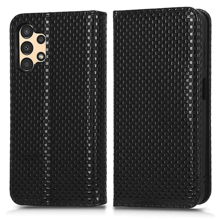 Per Samsung Galaxy A13 4G Magnetica Auto-absorzed Grid Texture PU Stand Stand Case Cellone Wallet Cover - Nero