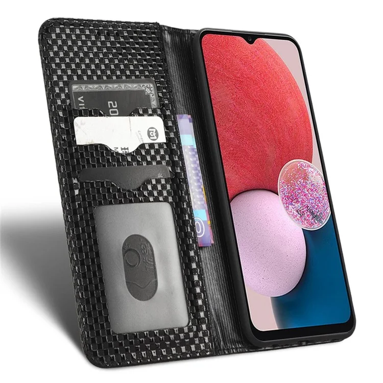 Per Samsung Galaxy A13 4G Magnetica Auto-absorzed Grid Texture PU Stand Stand Case Cellone Wallet Cover - Nero