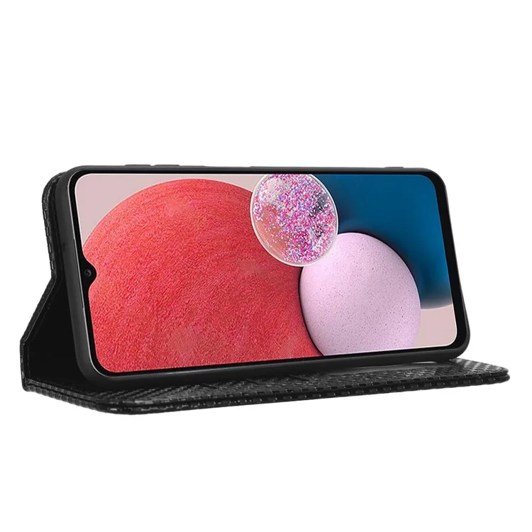 Per Samsung Galaxy A13 4G Magnetica Auto-absorzed Grid Texture PU Stand Stand Case Cellone Wallet Cover - Nero