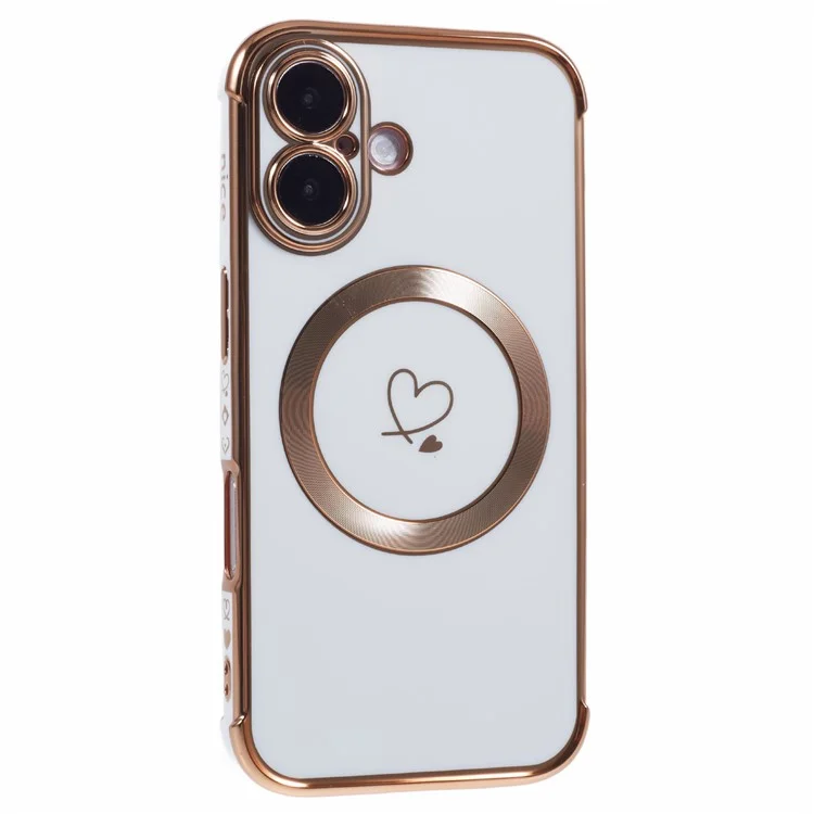 Para Iphone 16 Plus Case Compatível Com MagSafe Eletroplatou TPU Tampa de Telefone Hollow Love Hearts - Branco de Marfim