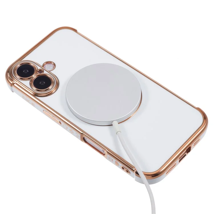 Para Iphone 16 Plus Case Compatível Com MagSafe Eletroplatou TPU Tampa de Telefone Hollow Love Hearts - Branco de Marfim