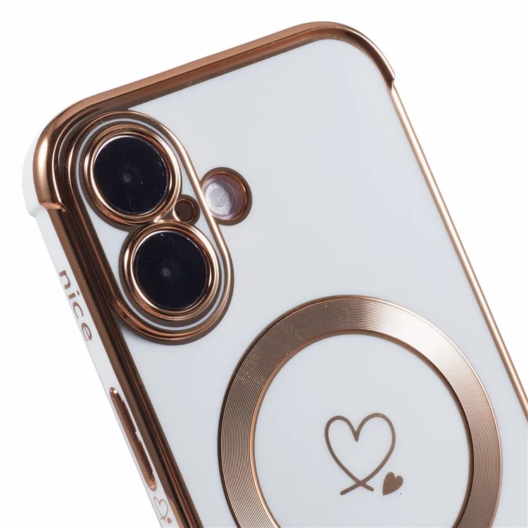 Para Iphone 16 Plus Case Compatível Com MagSafe Eletroplatou TPU Tampa de Telefone Hollow Love Hearts - Branco de Marfim
