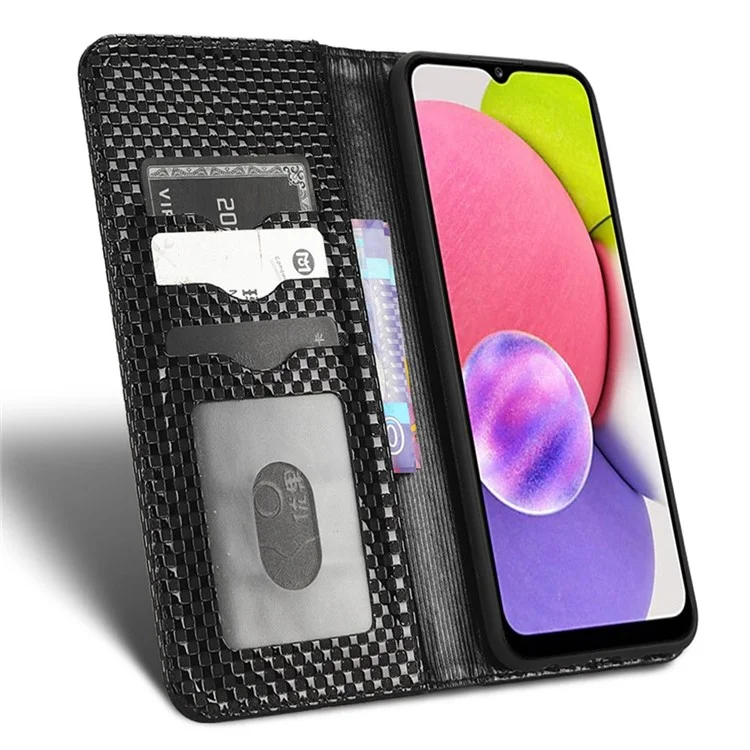 For Samsung Galaxy A03s (164.2 x 75.9 x 9.1mm) Shockproof Phone Flip Wallet Case Anti-wear PU Leather Grid Texture Phone Cover Stand - Black